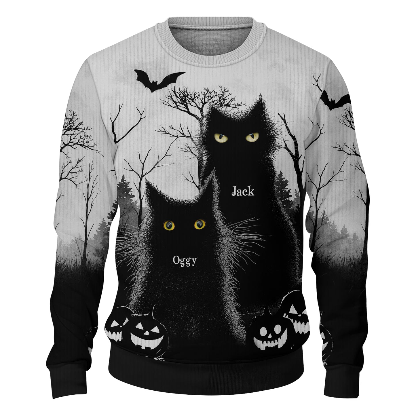 Personalized black cat Halloween shirt featuring two spooky cats against a haunted backdrop