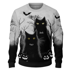 Personalized black cat Halloween shirt featuring two spooky cats against a haunted backdrop