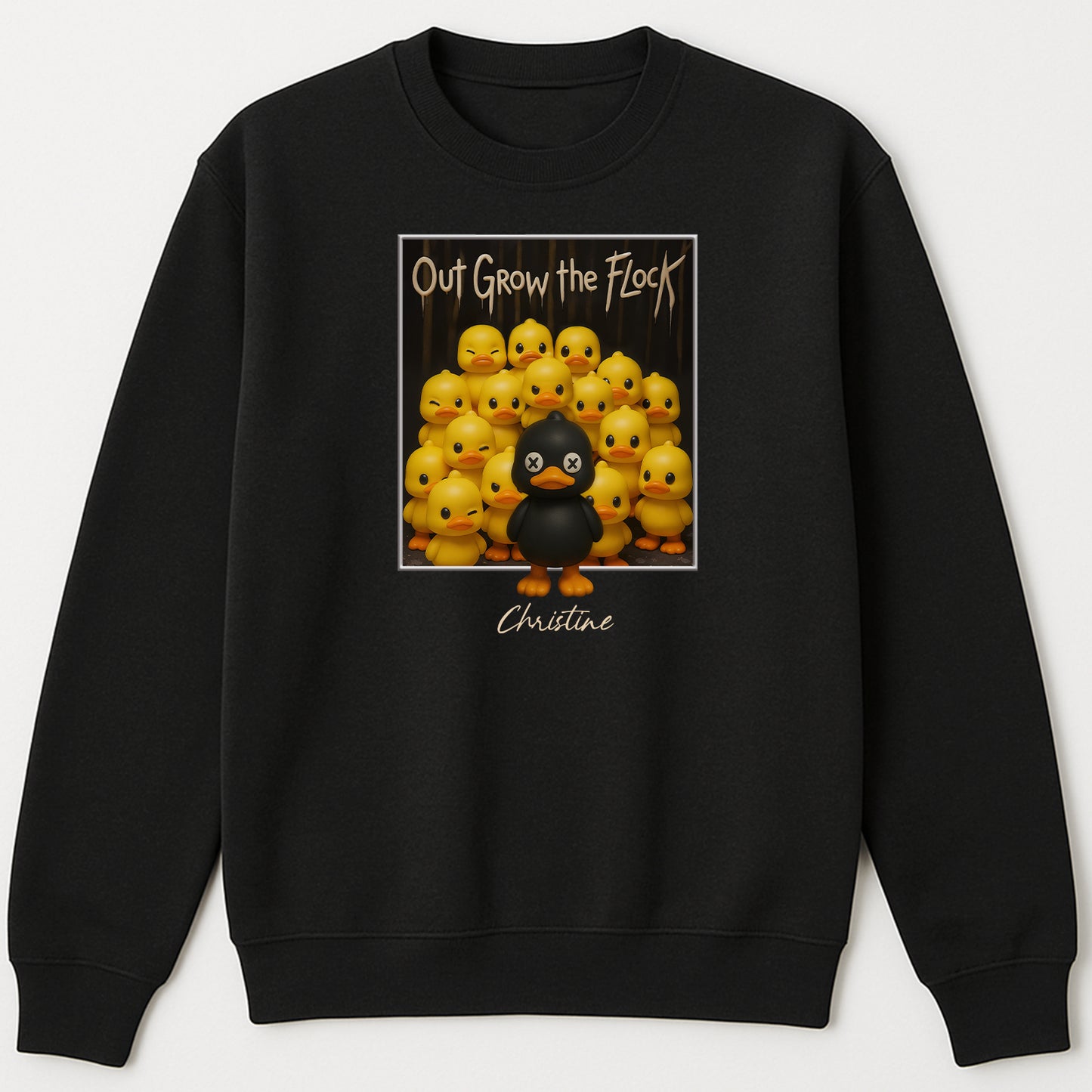 Personalized black duck shirt with custom name and cartoon ducks graphic on black sweatshirt