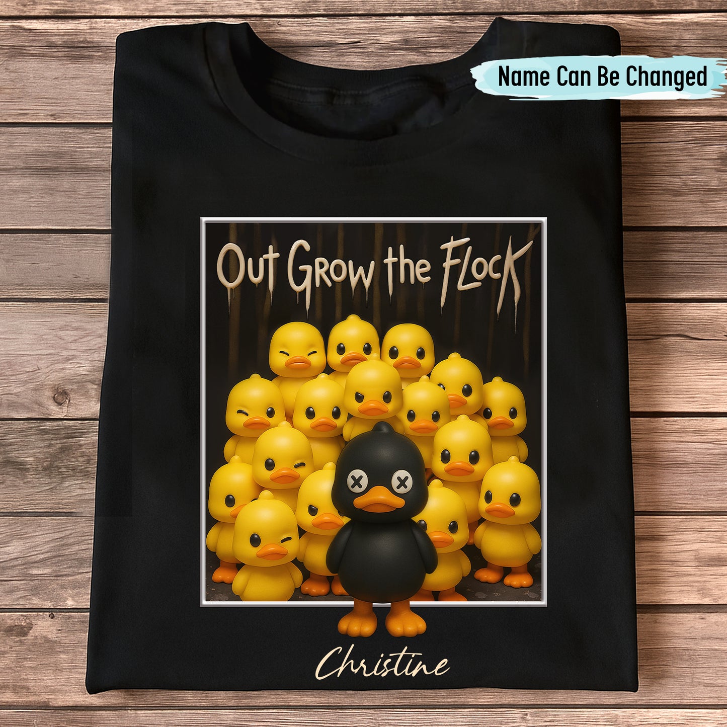 Personalized black duck shirt with black duck and yellow ducklings and customizable name