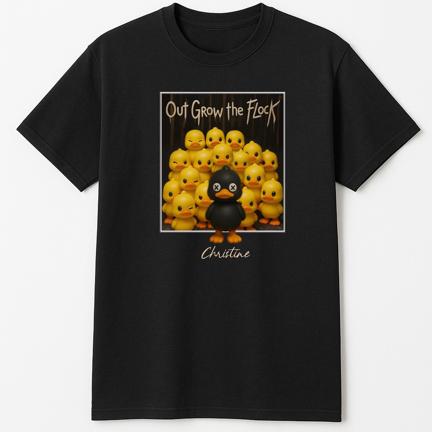 Personalized black duck shirt with cartoon black duck standing out among yellow ducks and custom name Christine