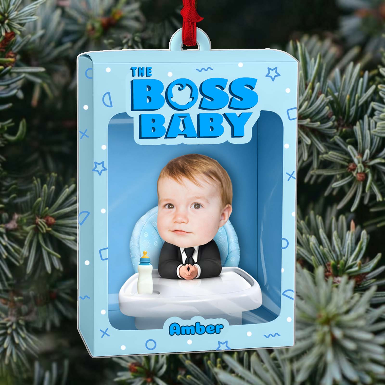 Personalized boss baby ornament featuring a baby in a suit with a bottle and custom name Amber