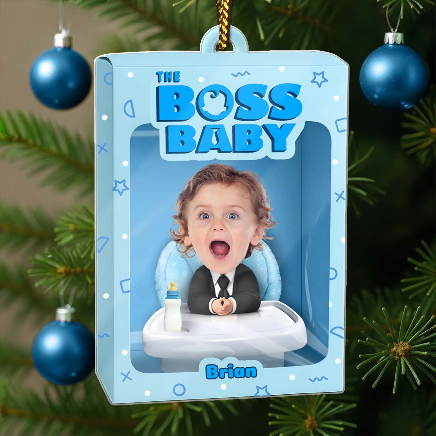Personalized boss baby ornament with a cheerful baby in a suit and high chair, perfect for holiday decor