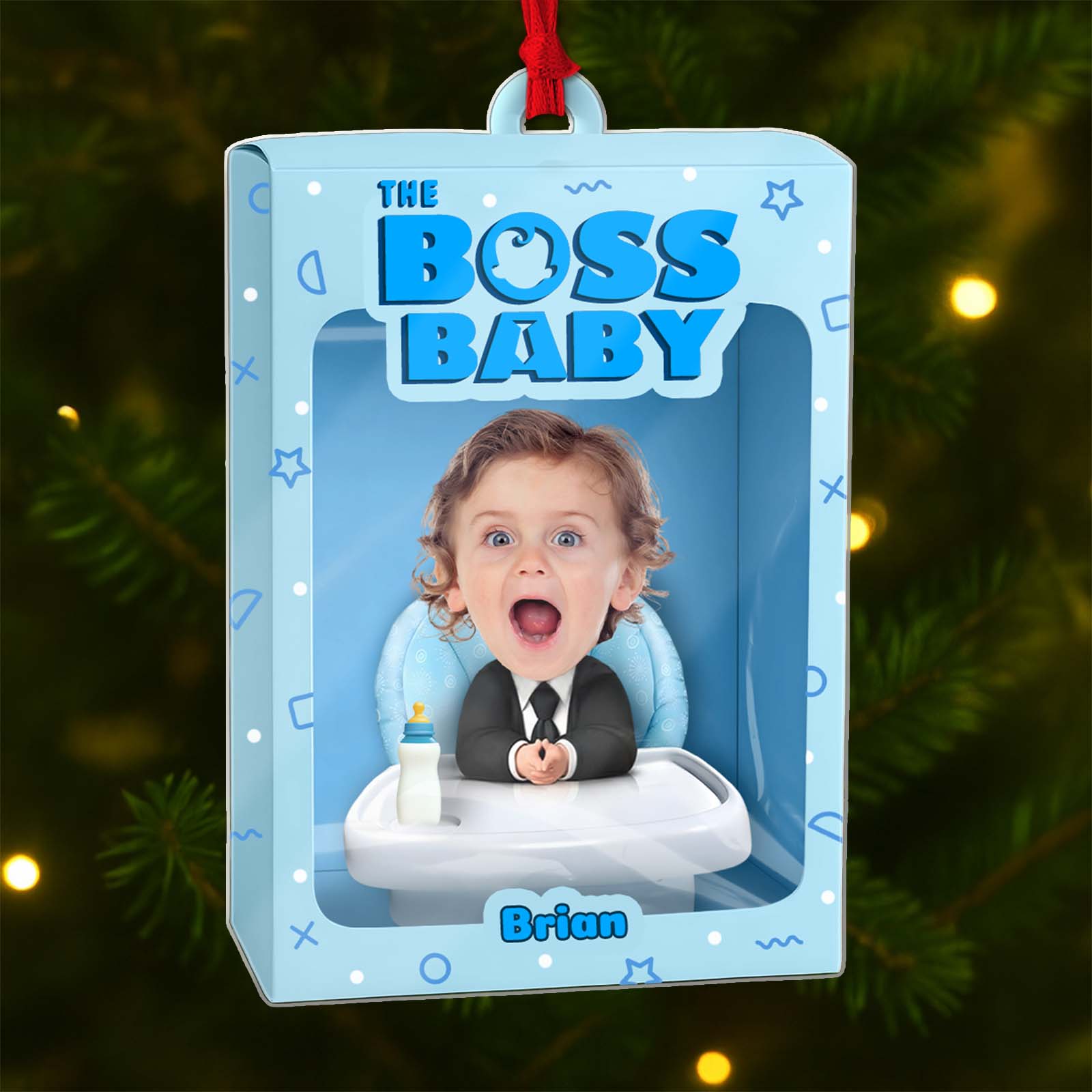 Personalized boss baby ornament featuring a baby in a suit with a surprised expression
