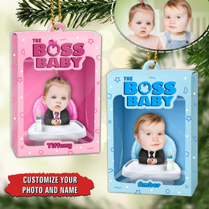 Personalized boss baby ornament featuring customizable photo and name options in pink and blue packaging