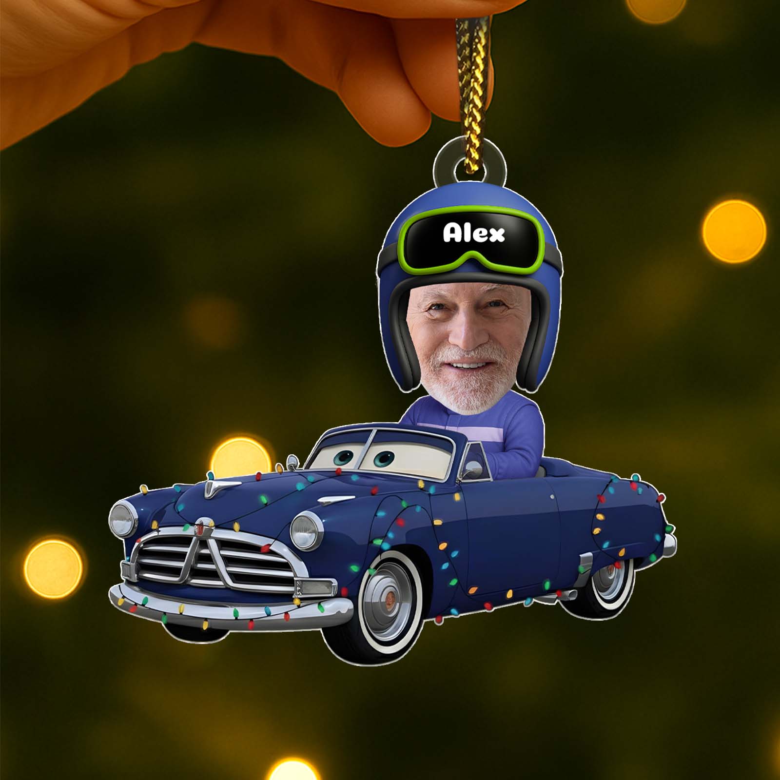 Personalized car Christmas ornament featuring a cartoon driver in a classic car decorated with lights