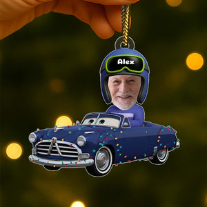 Personalized car Christmas ornament featuring a cartoon driver in a classic car decorated with lights