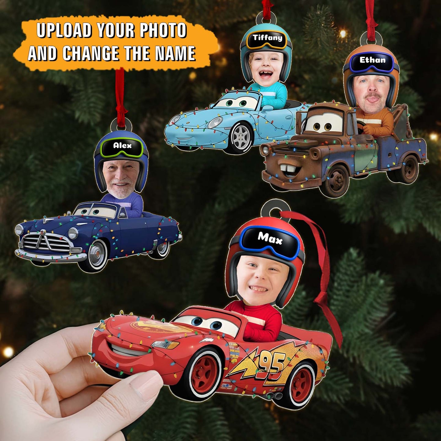 Personalized car Christmas ornament featuring custom photos and names for a festive decor touch
