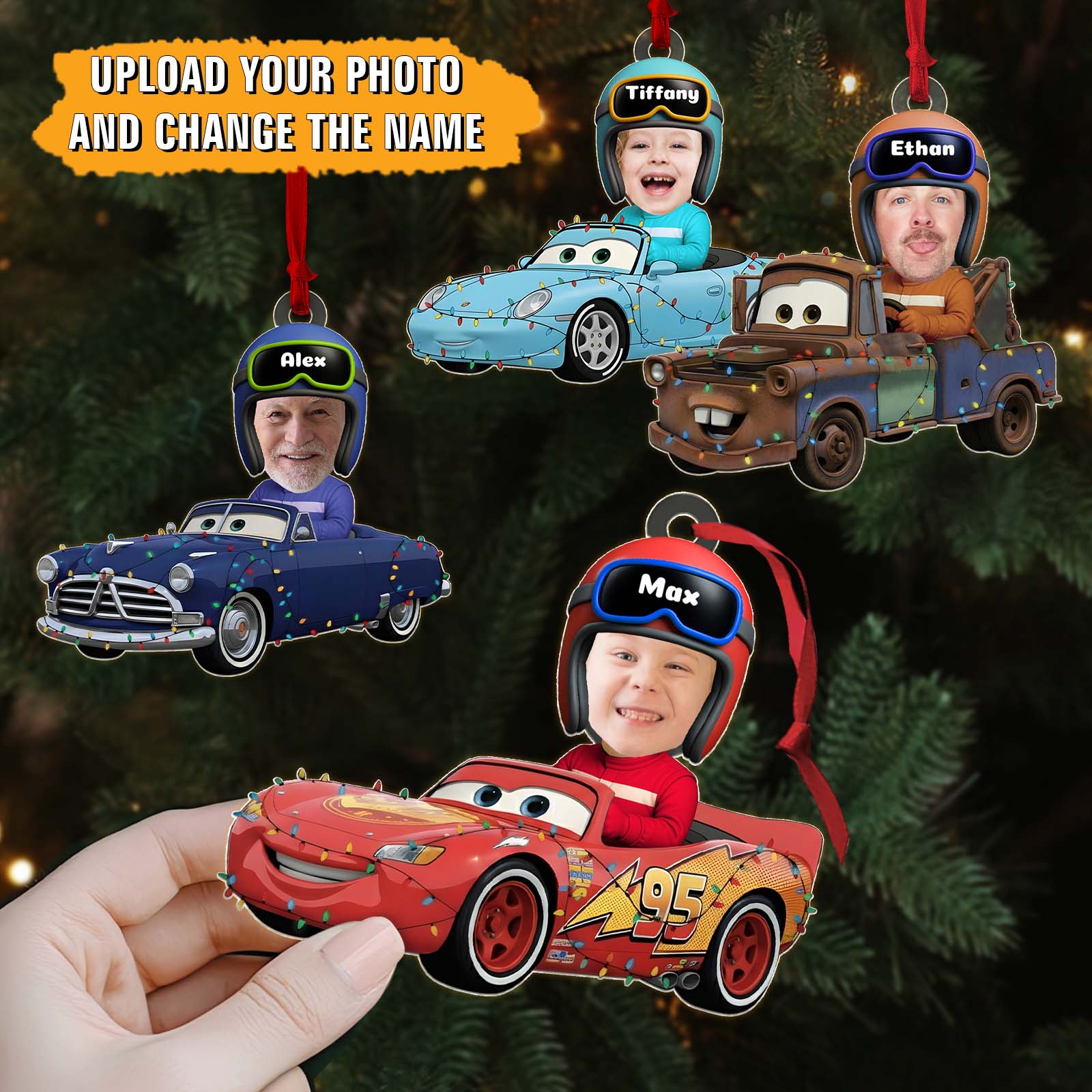 Personalized car Christmas ornament featuring custom photos and names for a festive decor touch