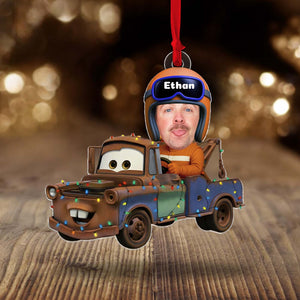 Personalized car Christmas ornament featuring a decorated vehicle with a character wearing a helmet