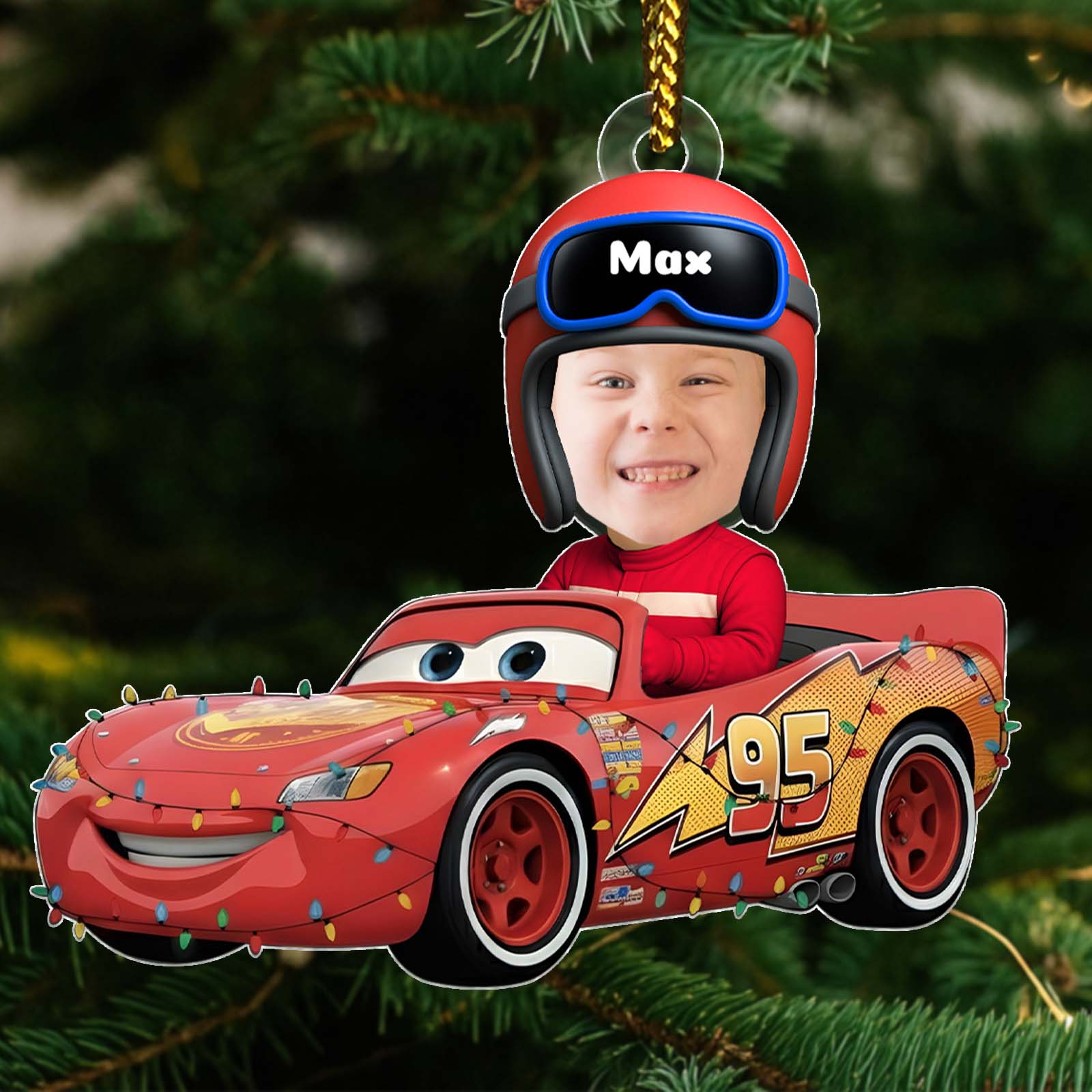 Personalized car Christmas ornament featuring a child's face on a character car with lights