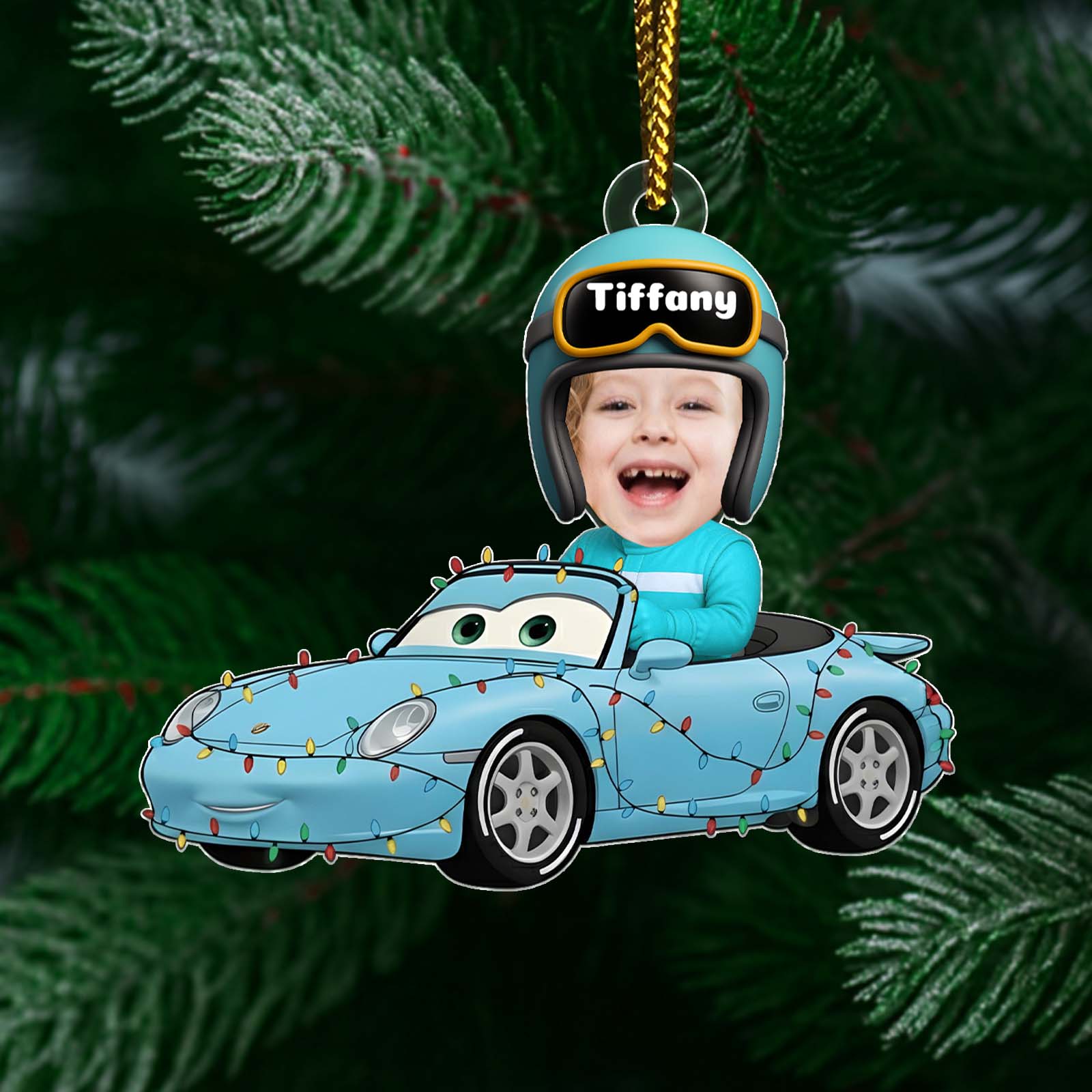 Personalized car Christmas ornament featuring a smiling child with a helmet in a decorated blue car