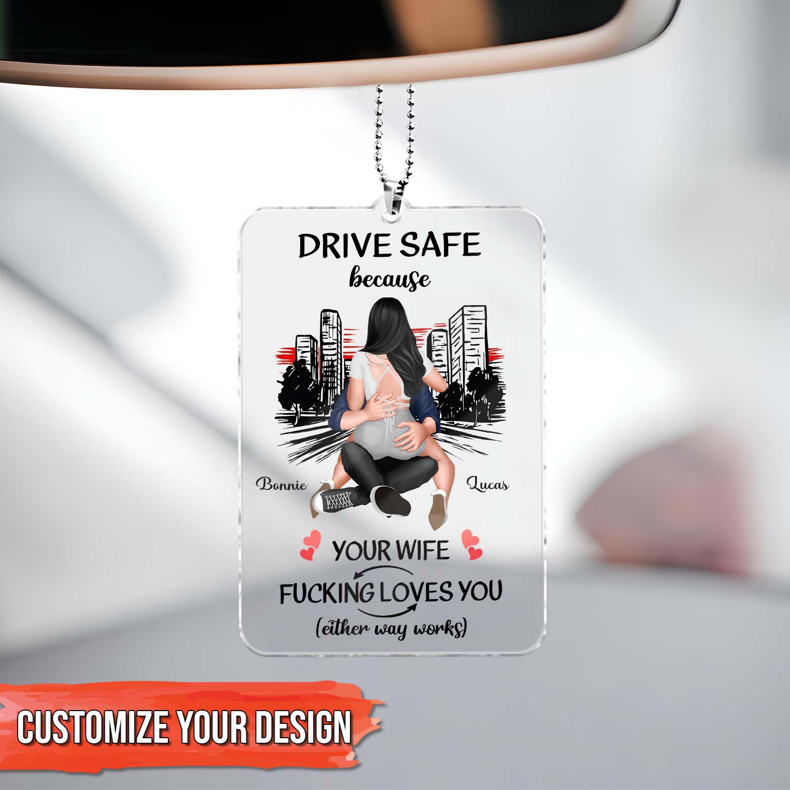 Personalized car hanger for couples with a sweet message and customizable design options