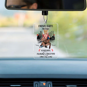 Personalized car hanger for couples featuring a humorous design that promotes safety and love