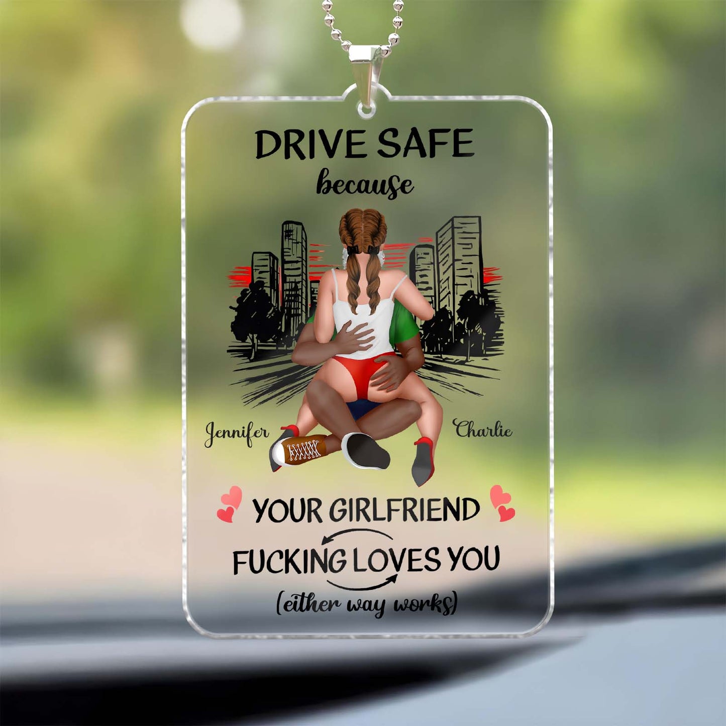 Personalized car hanger for couples with a fun message and custom names for safe driving