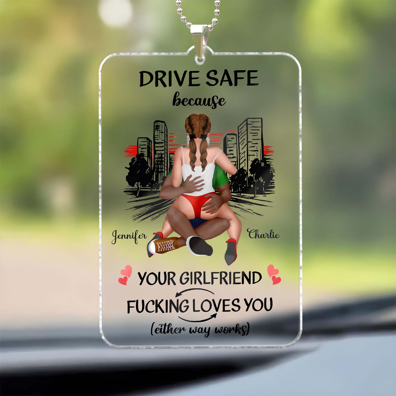 Personalized car hanger for couples with a fun message and custom names for safe driving