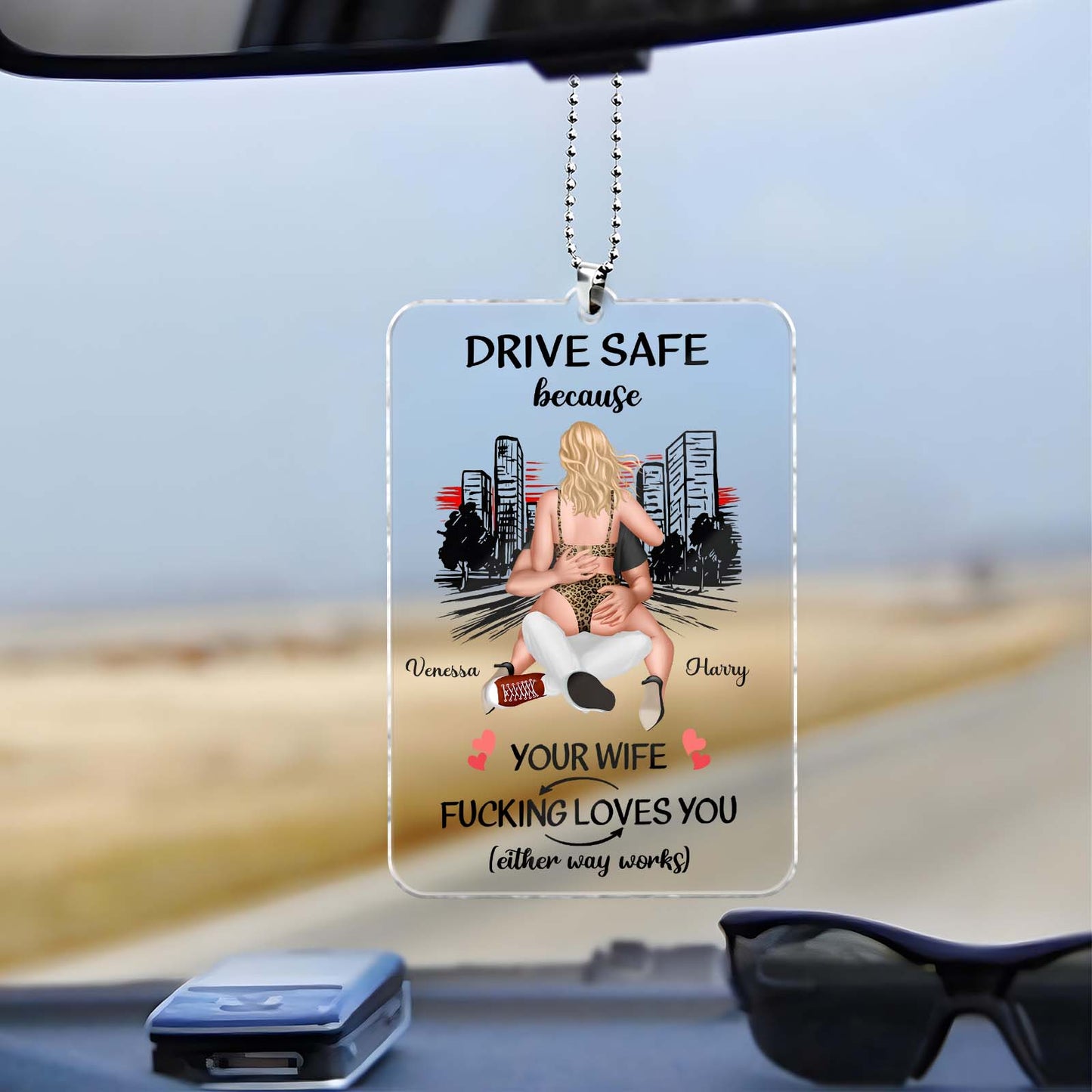 Personalized car hanger for couples featuring playful humor and customizable names for a unique touch