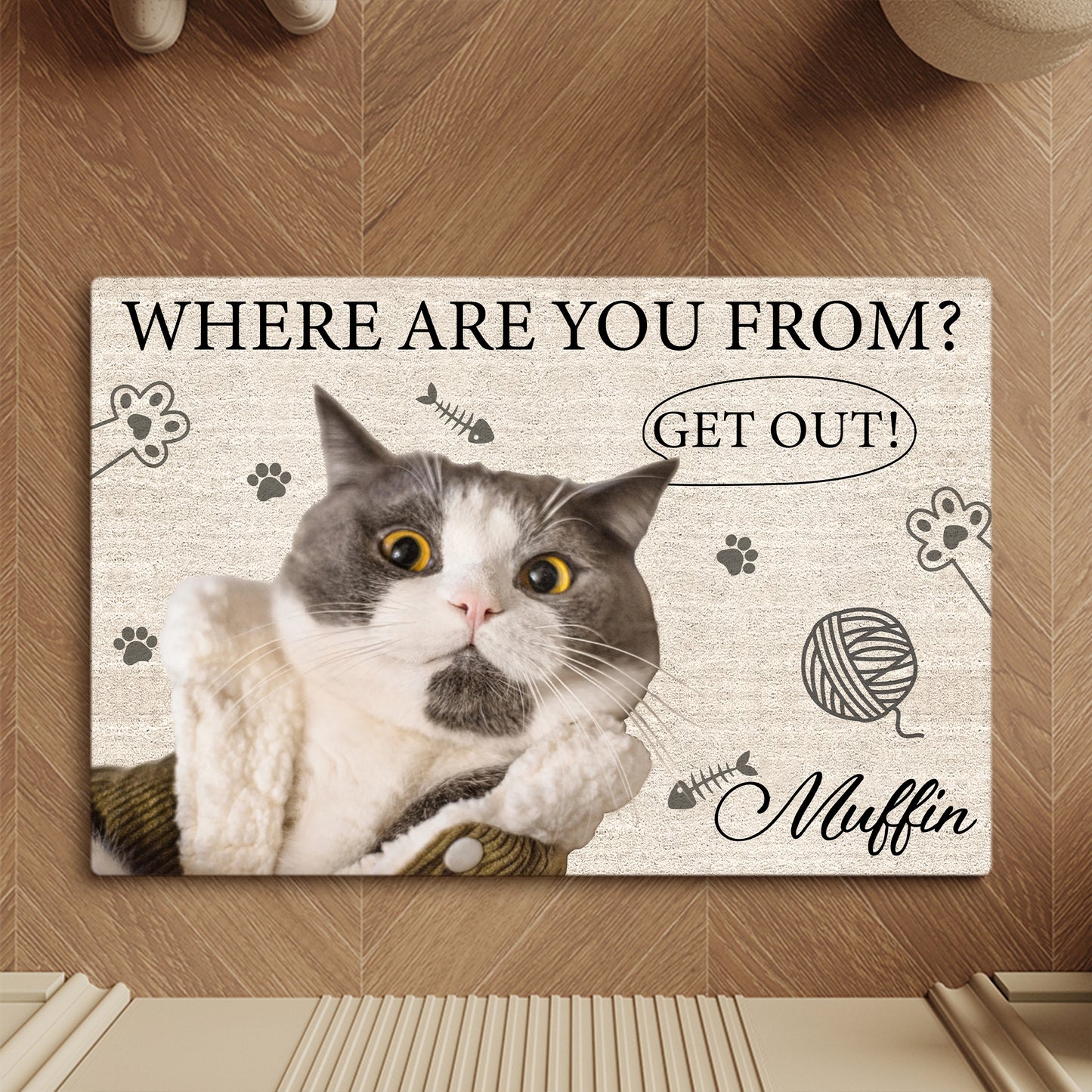 Personalized cat doormat featuring a humorous design with a cat and the text Where Are You From Get Out