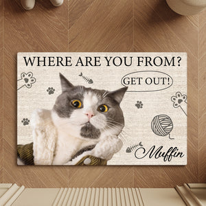Personalized cat doormat featuring a humorous design with a cat and the text Where Are You From Get Out