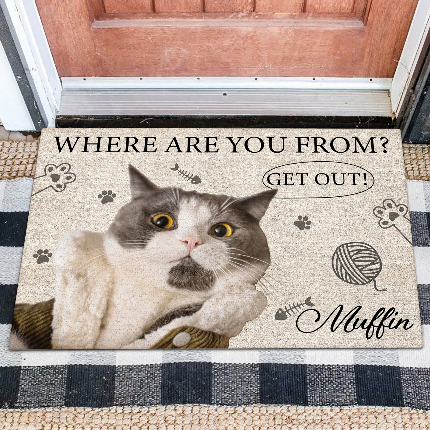 Personalized cat doormat featuring an adorable cat with the text Where Are You From? Get Out!