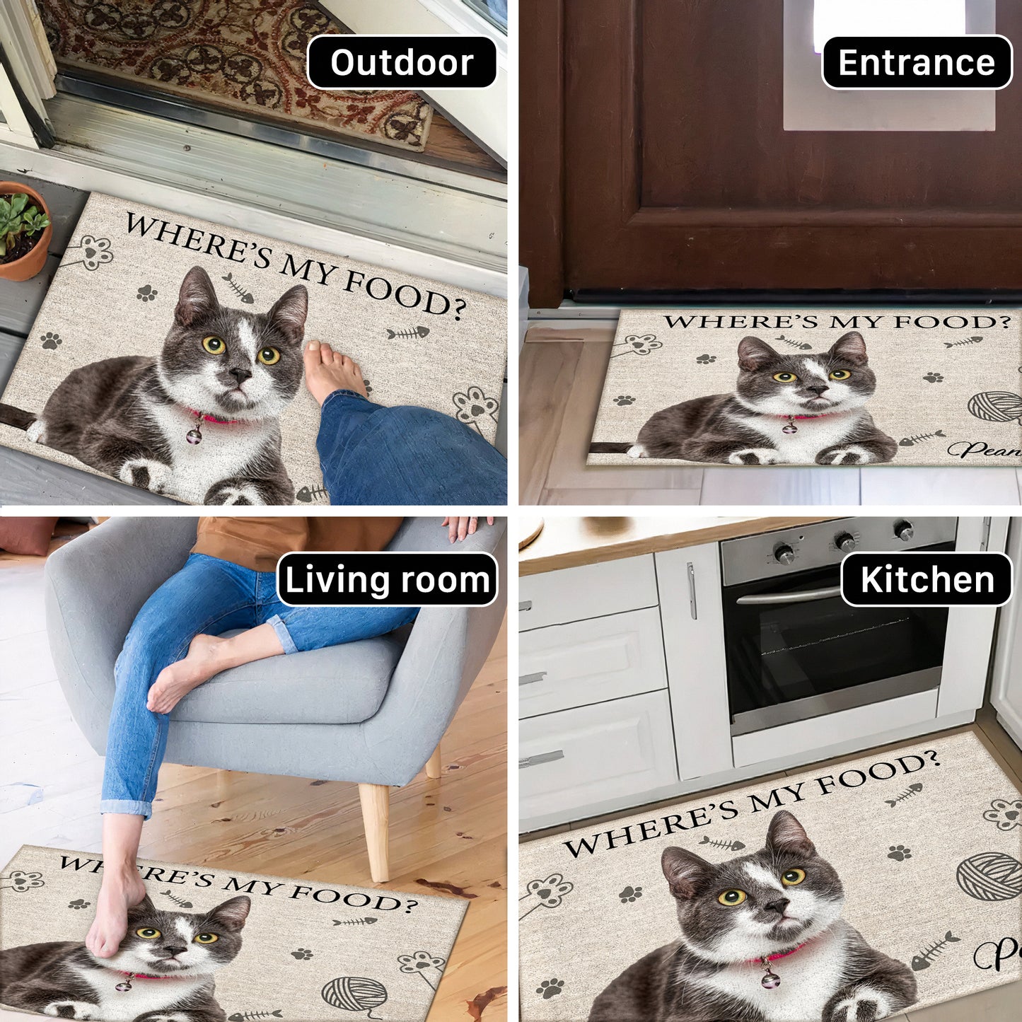 Personalized cat doormat featuring a playful design with the text Where's My Food?