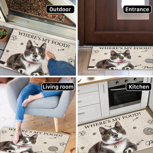 Personalized cat doormat featuring a playful design with the text Where's My Food?