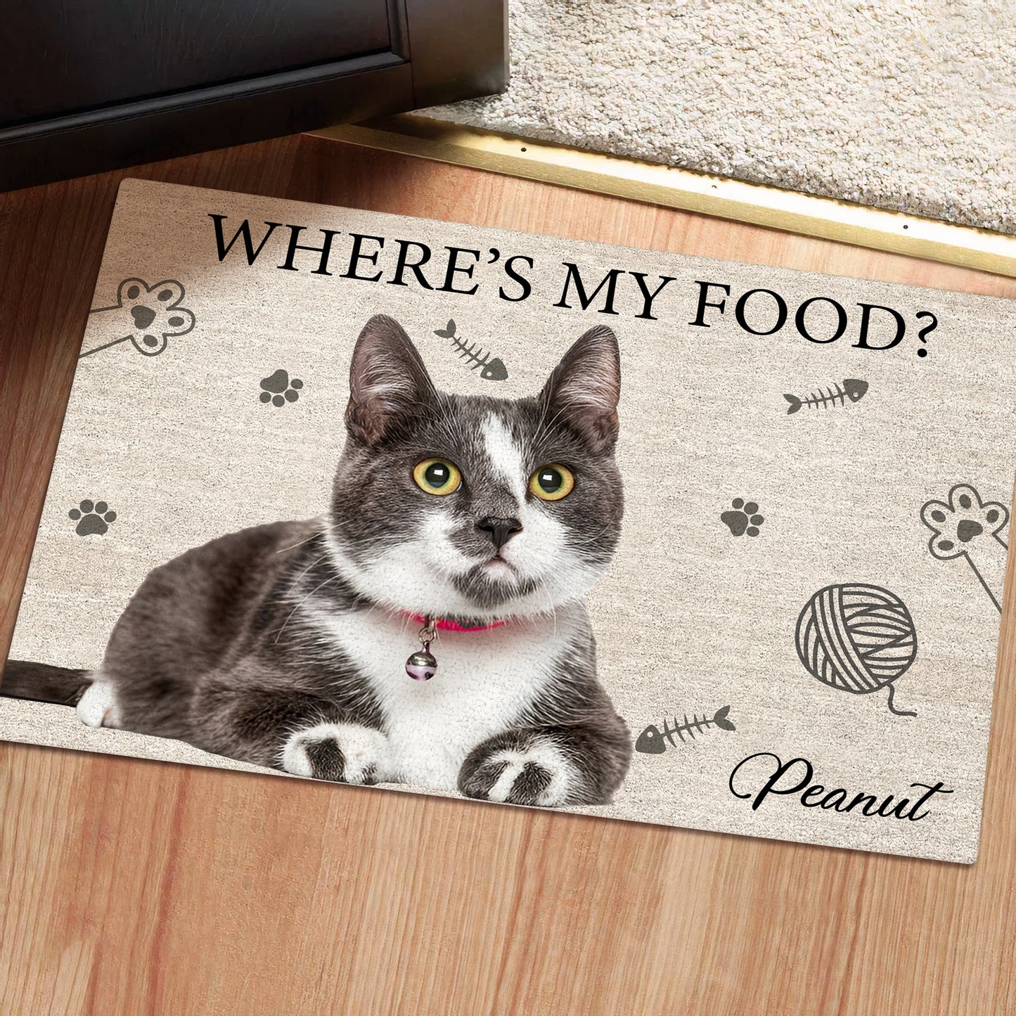Personalized cat doormat featuring a cat and text that says Where's My Food? with space for a name