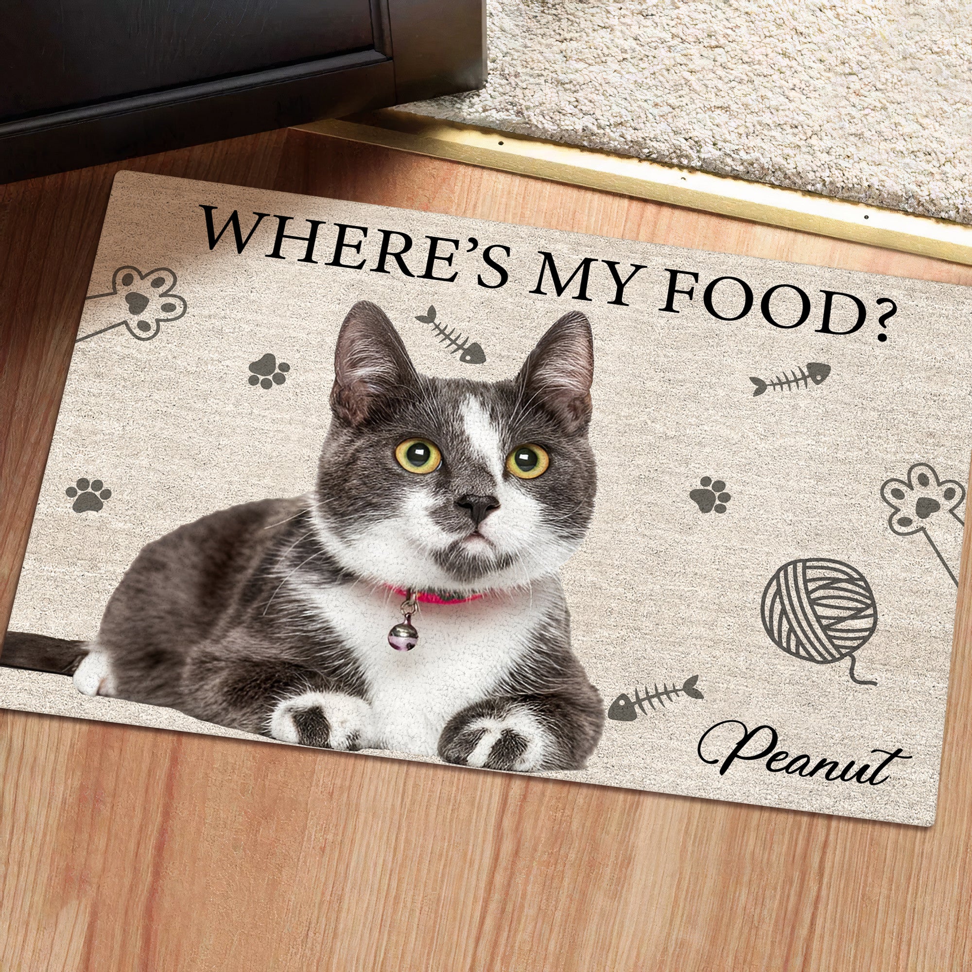 Personalized cat doormat featuring a cat and text that says Where's My Food? with space for a name