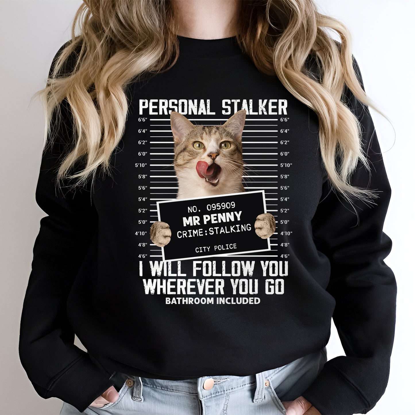 Black personalized cat lover shirt with funny mugshot cat graphic and humorous text