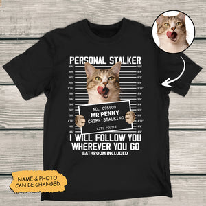 365Gifty personalized cat lover shirt with humorous stalking cat mugshot design and customizable name and photo