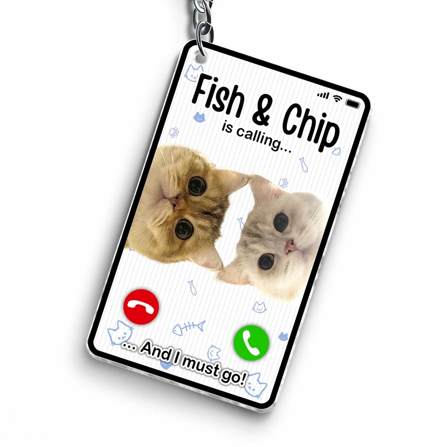 Personalized cat photo keychain featuring two cute cats with a phone call design
