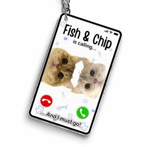 Personalized cat photo keychain featuring two cute cats with a phone call design