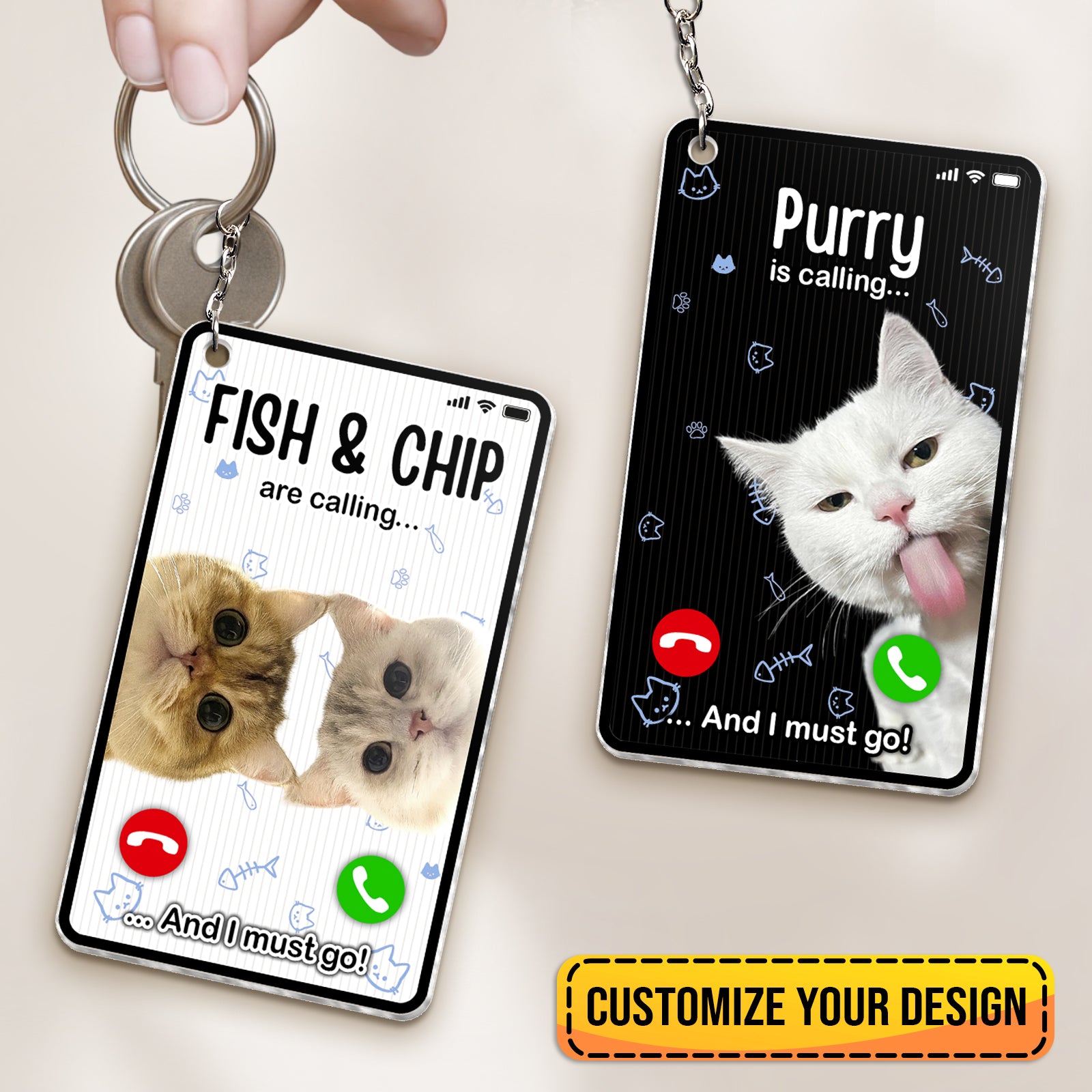 Personalized cat photo keychain with customizable designs featuring playful cat images and phone call graphics