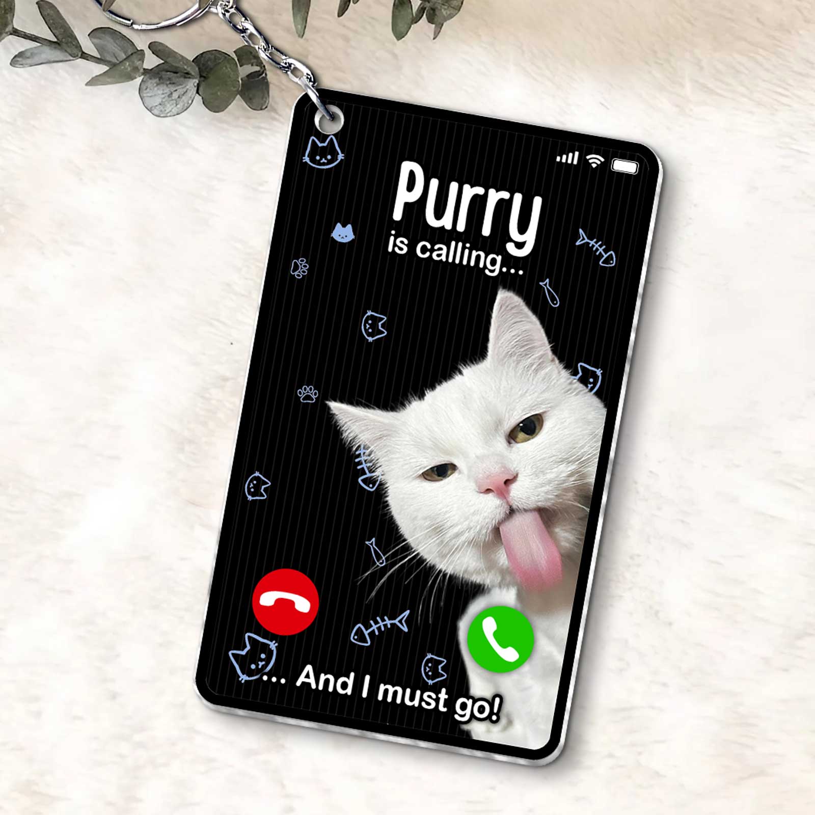 Personalized cat photo keychain featuring a cute cat with funny text and call buttons