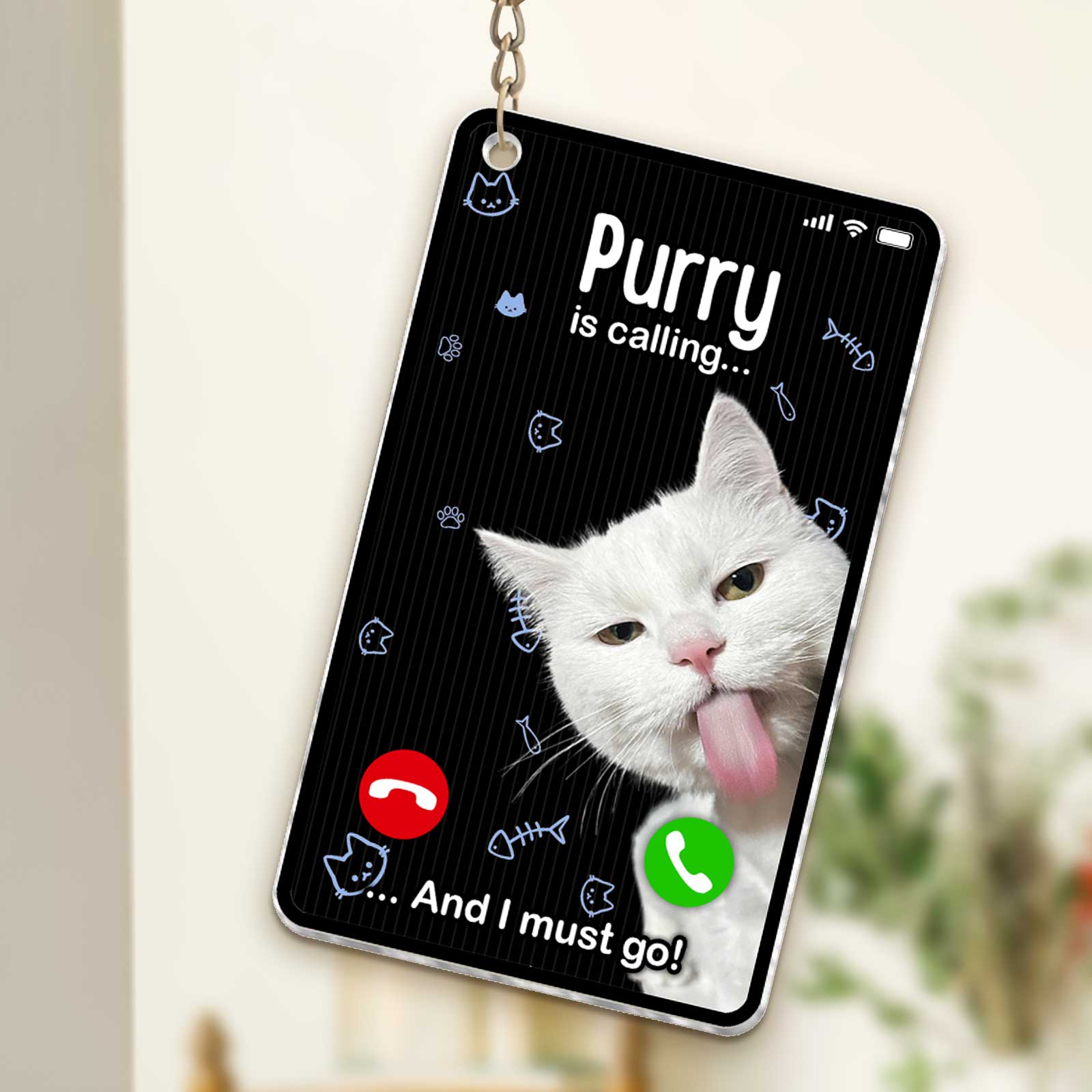 Personalized cat photo keychain with fun design featuring a cat and playful text