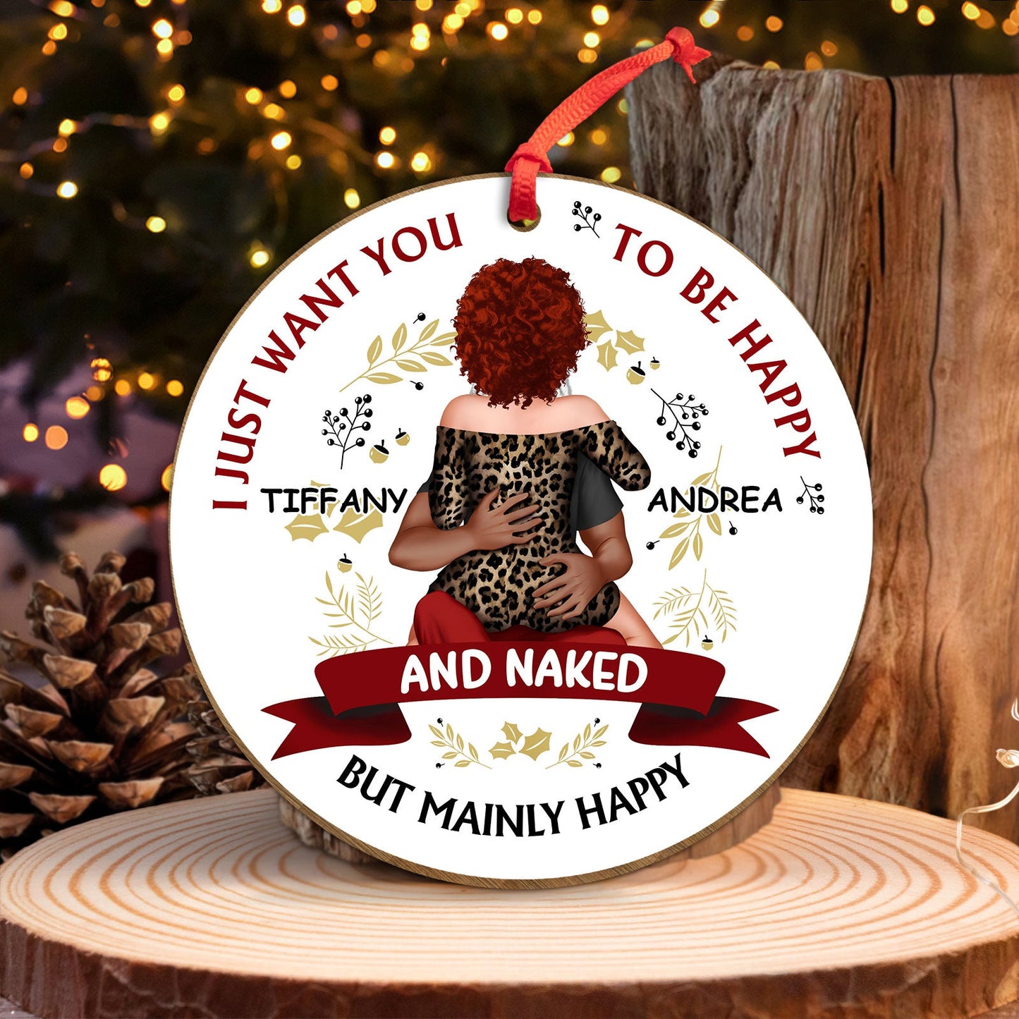 365Gifty personalized Christmas couple ornament with couple illustration and custom names Tiffany and Andrea