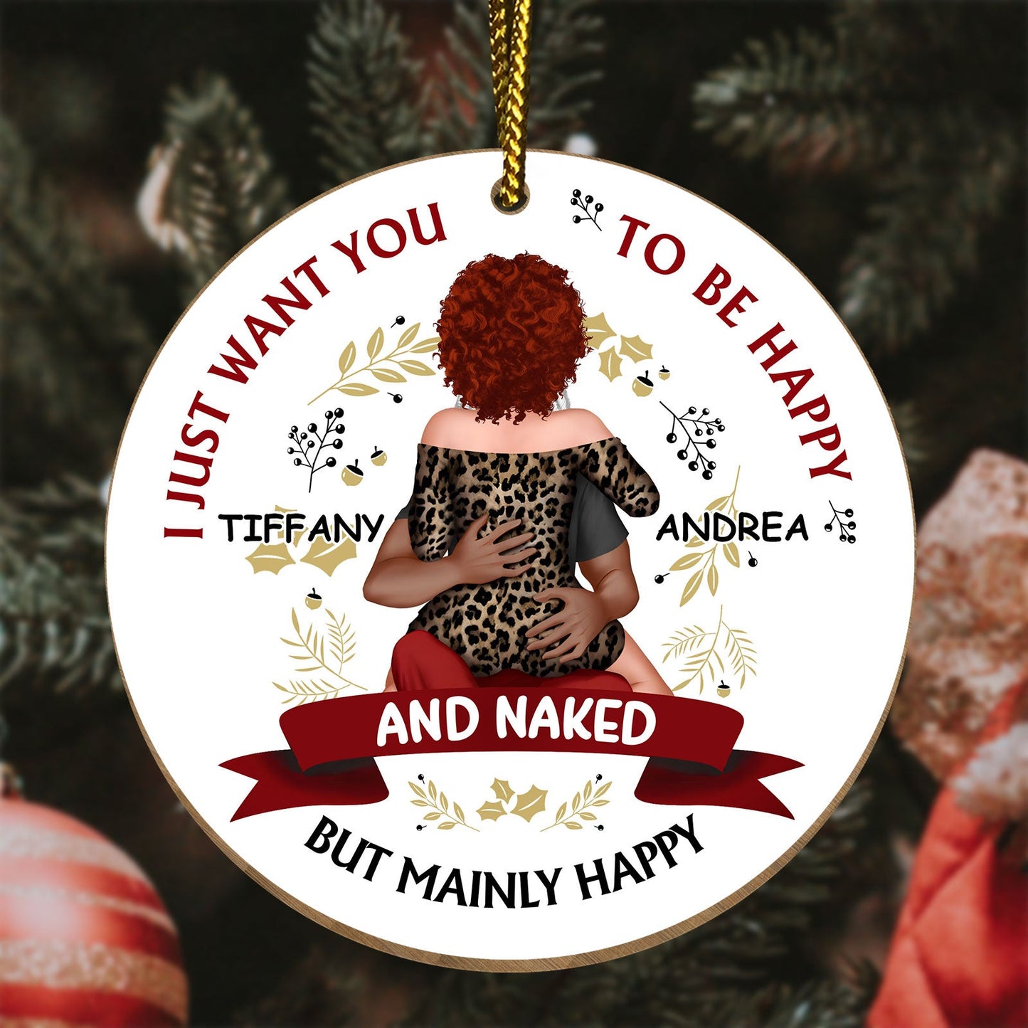Personalized Christmas couple ornament featuring a hugging couple with names Tiffany and Andrea in festive design