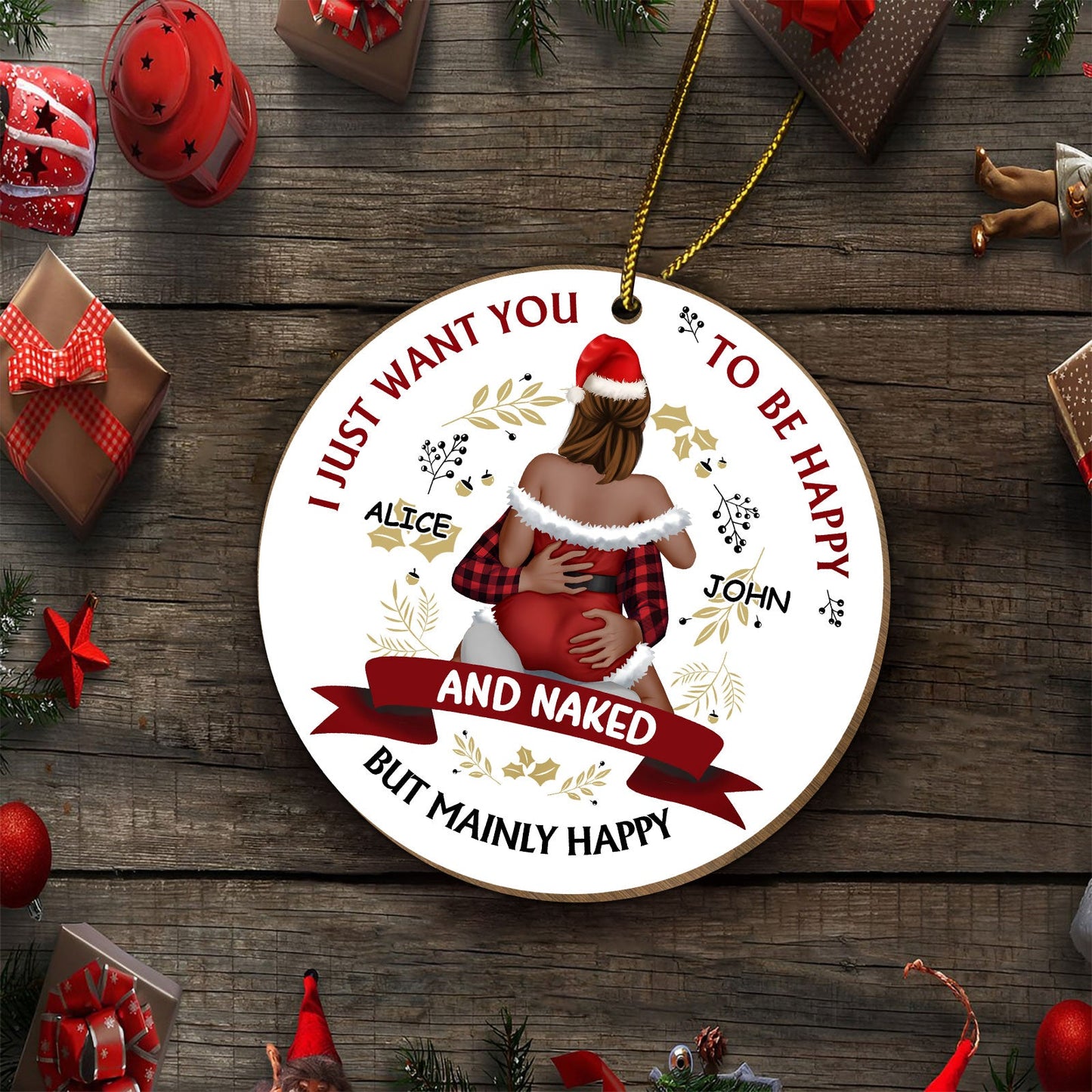 Personalized Christmas couple ornament featuring a festive couple hugging with names Alice and John