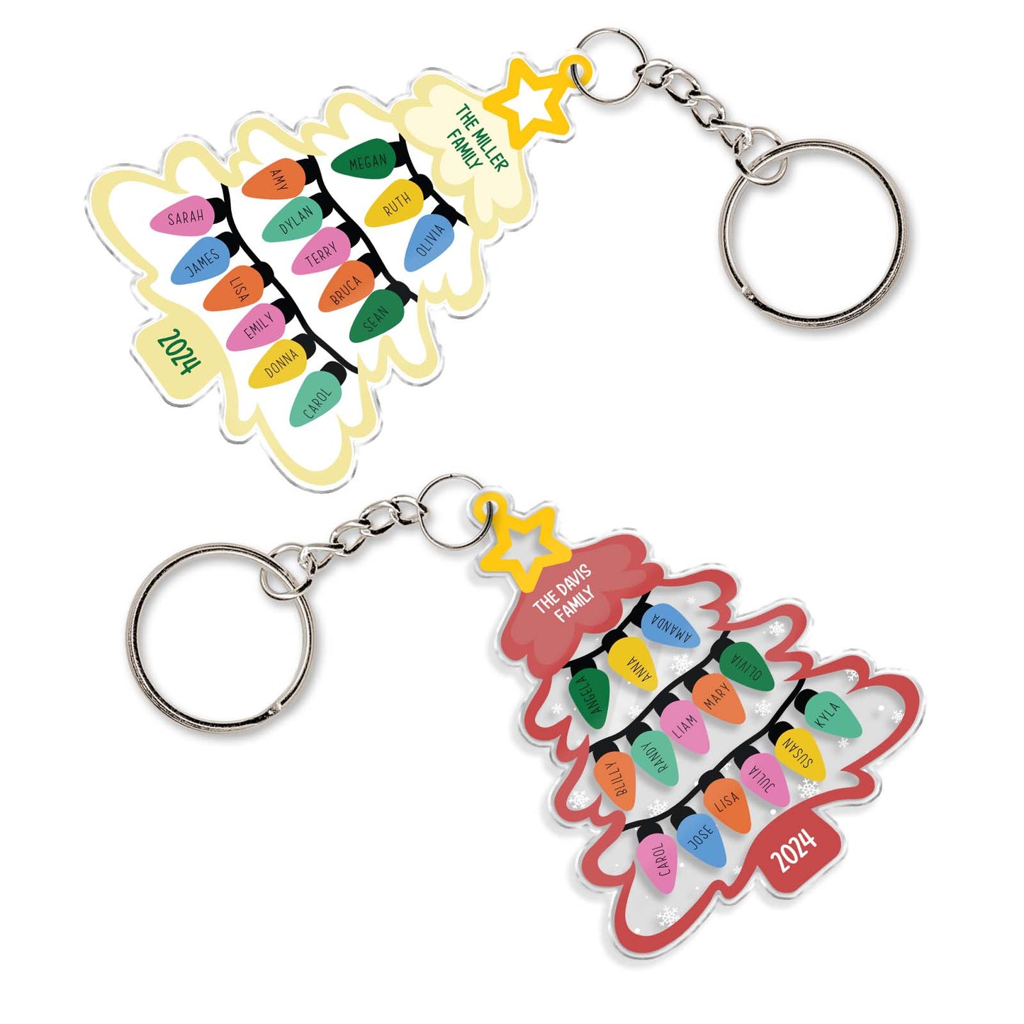 365Gifty personalized Christmas keychain with colorful light bulb names on tree shape for 2024