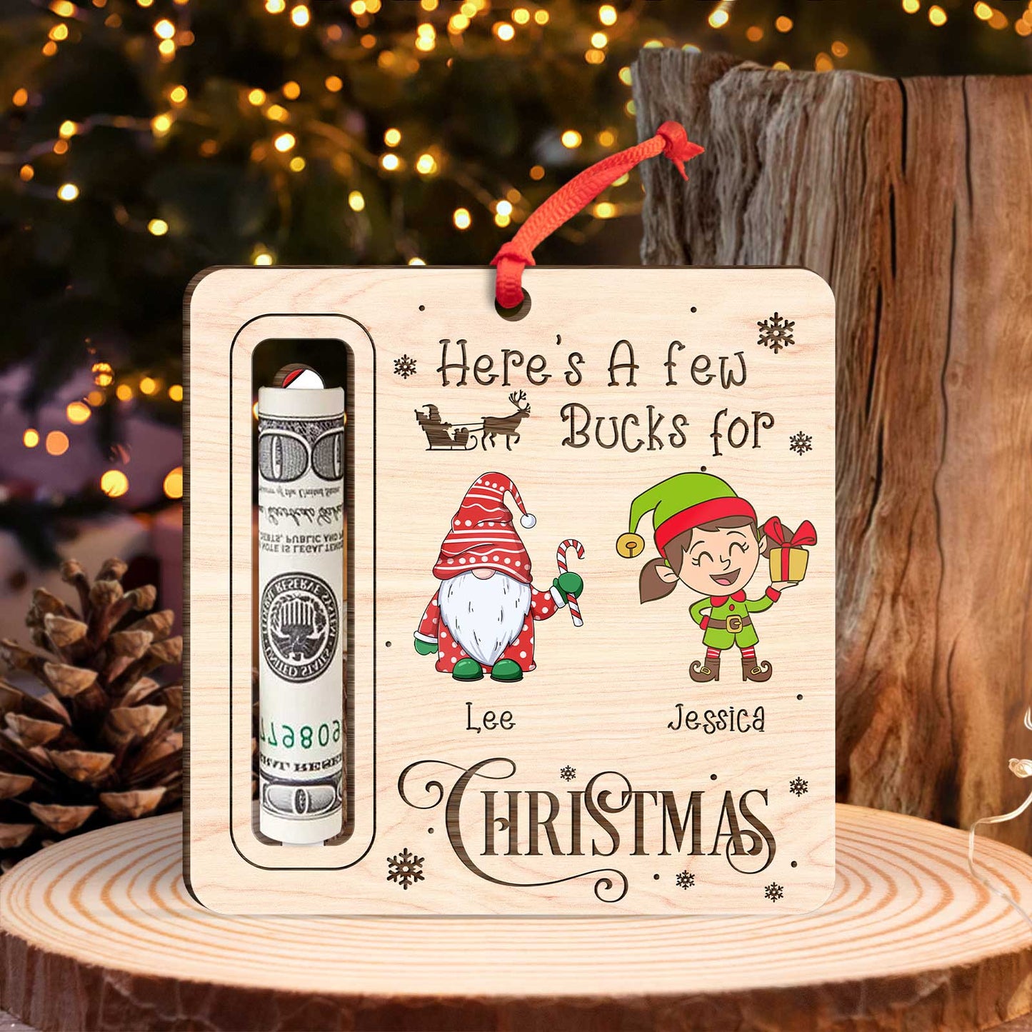 Personalized Christmas money holder with festive gnome and elf design and names Lee and Jessica