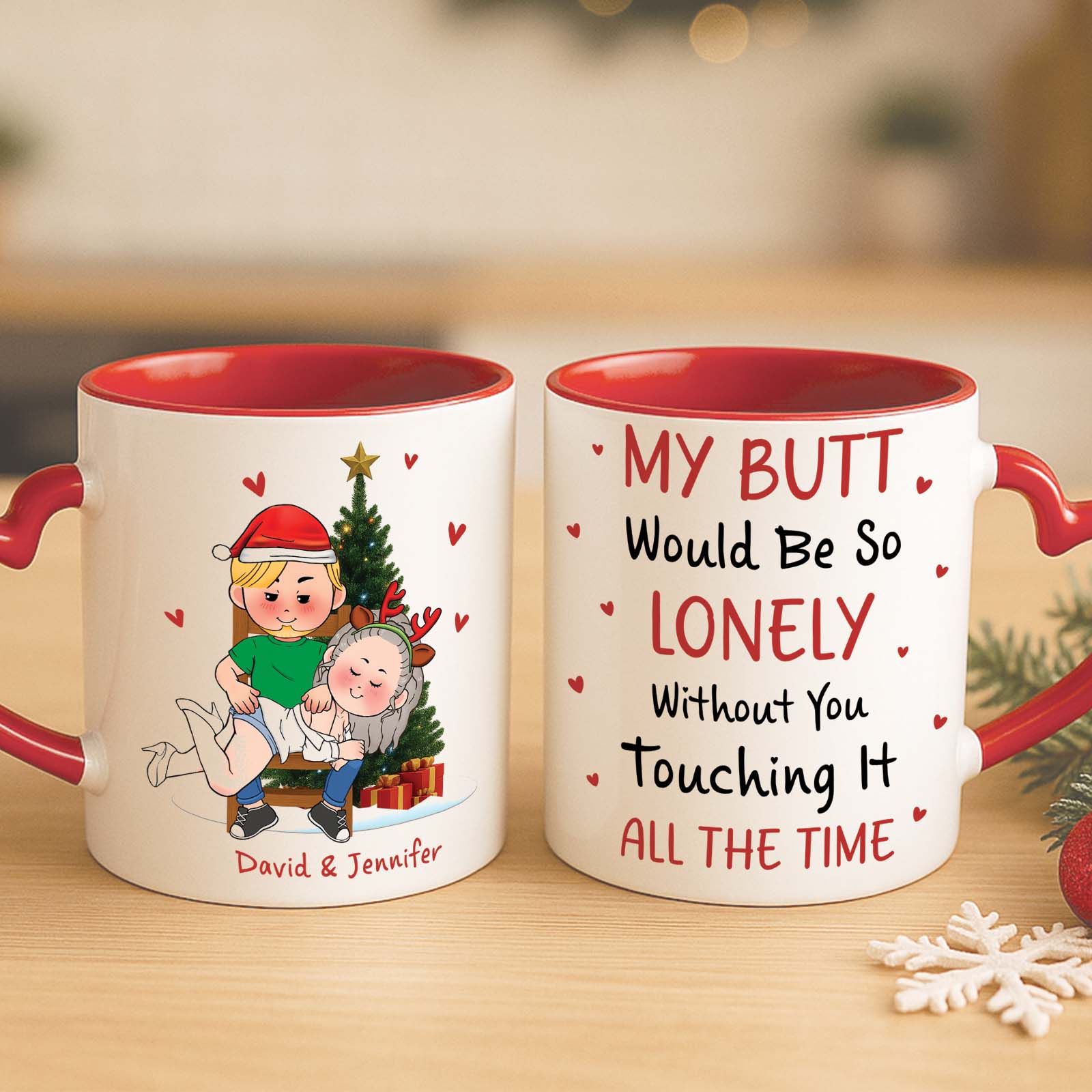 Personalized Christmas mug for couples featuring playful couple design and humorous text