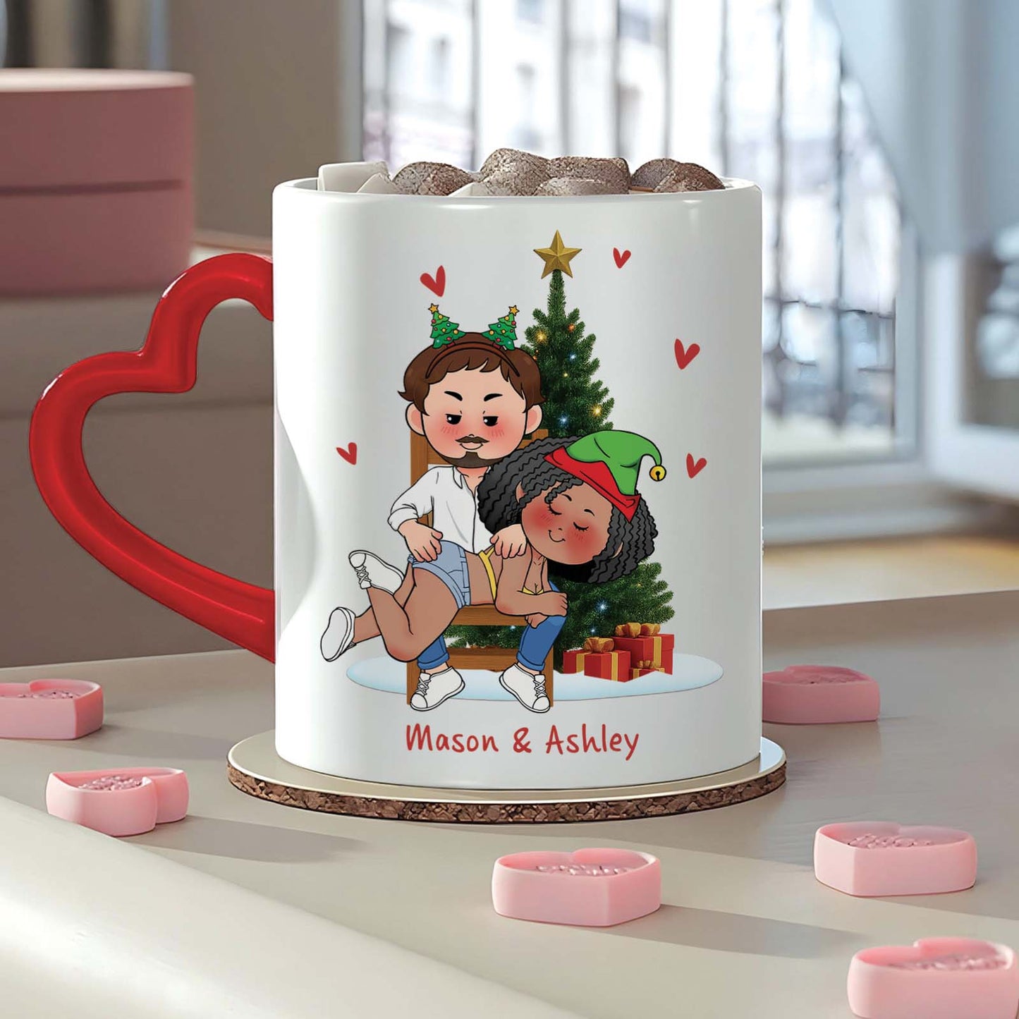 Personalized Christmas mug for couples with a festive design featuring Mason and Ashley by a Christmas tree