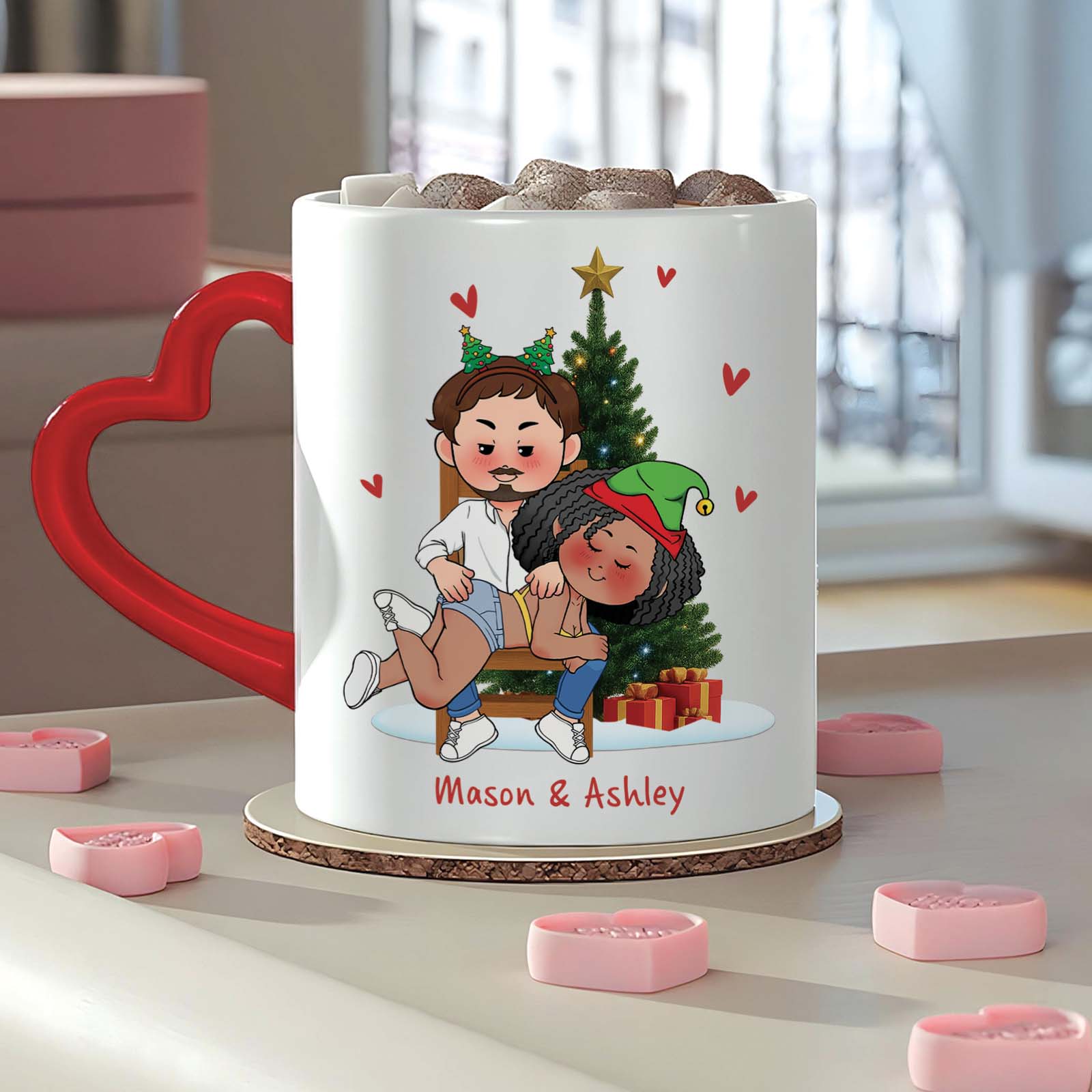Personalized Christmas mug for couples with a festive design featuring Mason and Ashley by a Christmas tree