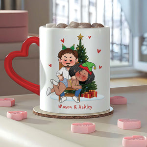 Personalized Christmas mug for couples with a festive design featuring Mason and Ashley by a Christmas tree