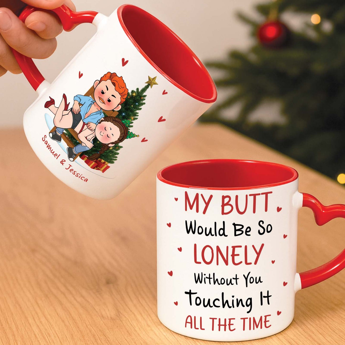 Personalized Christmas mug for couples featuring playful designs and custom names
