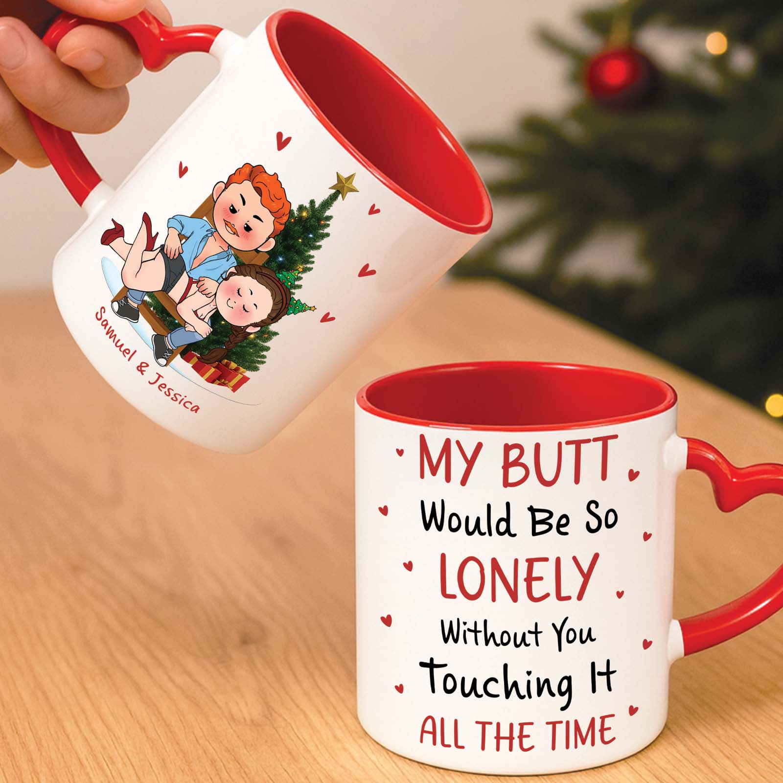 Personalized Christmas mug for couples featuring playful designs and custom names