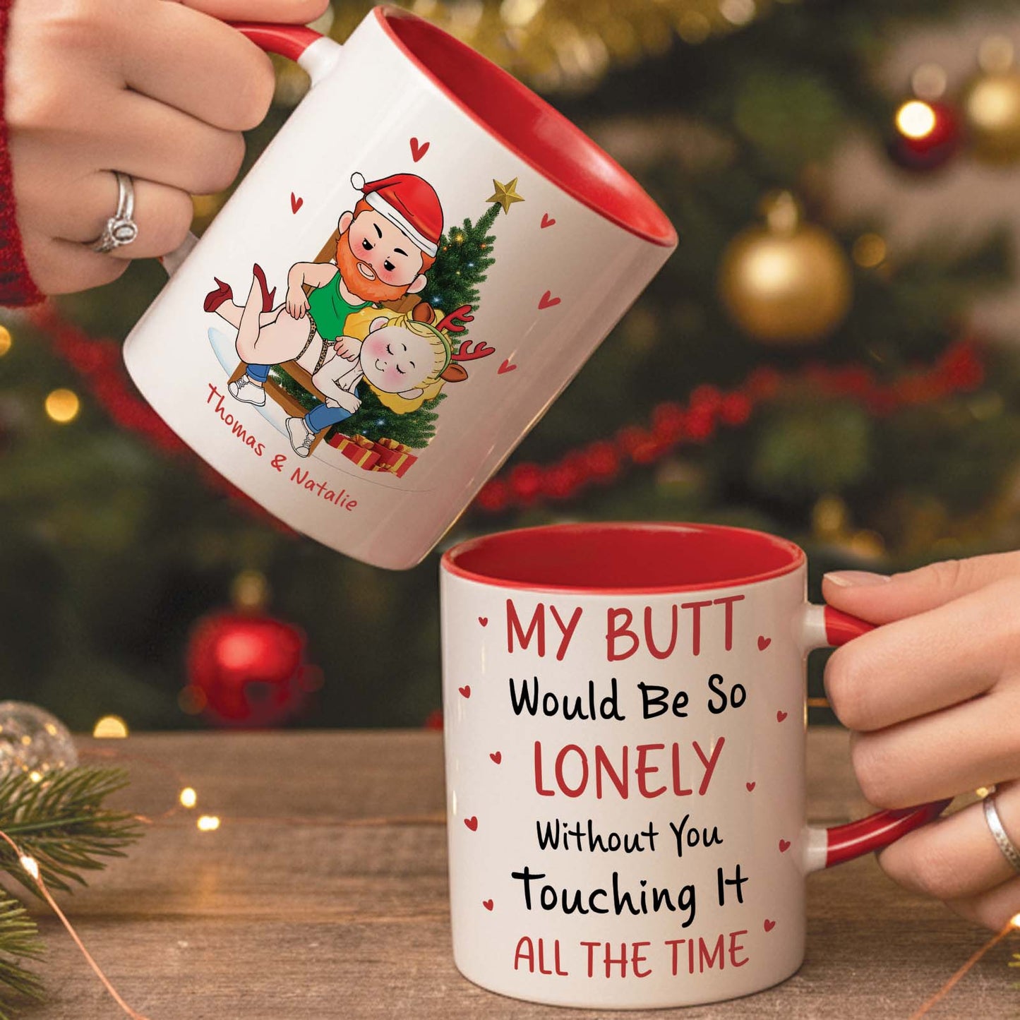 Personalized Christmas mug for couples featuring playful couple illustration and festive design