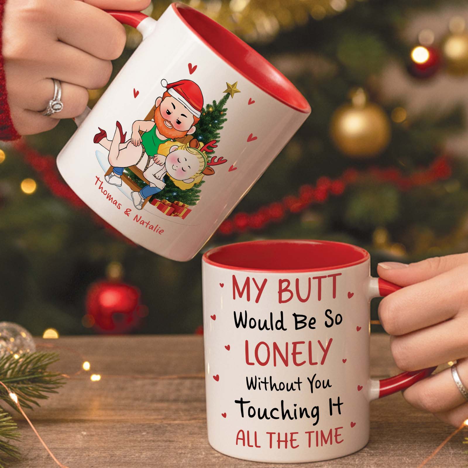 Personalized Christmas mug for couples featuring playful couple illustration and festive design