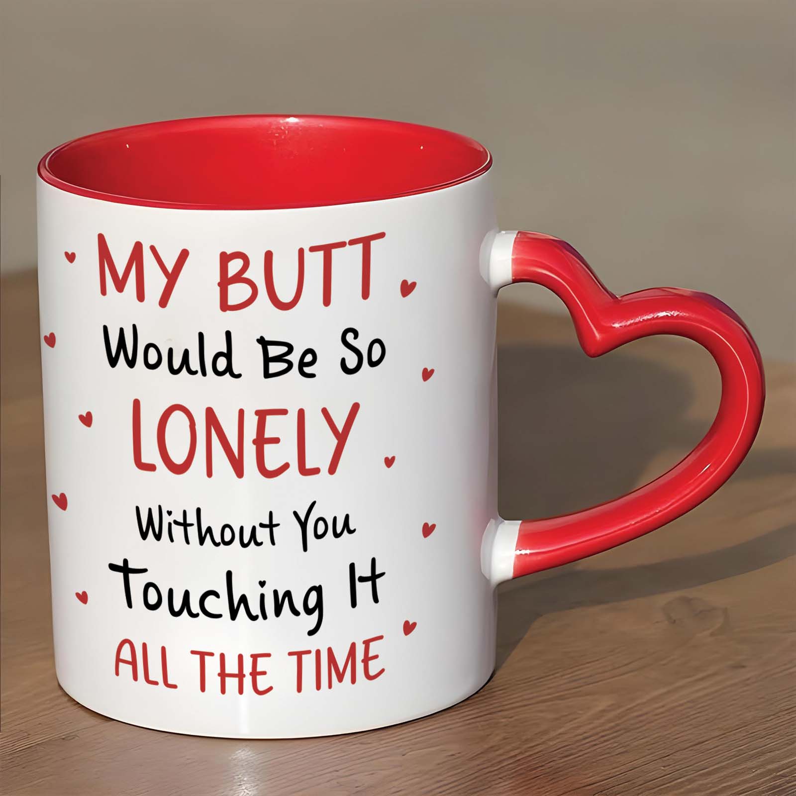 Funny personalized Christmas mug for couples with a heart-shaped handle and playful text