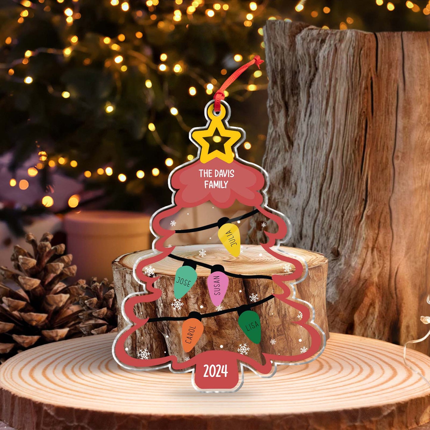 365Gifty personalized Christmas ornament shaped like a Christmas tree with family names and year 2024
